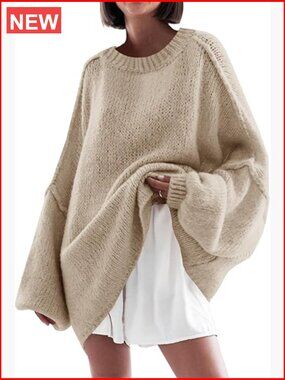 Oversized Chunky Crew Neck Lantern Sleeve Knit Tunic Sweater